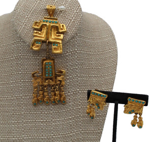 SI1363	Vintage Salvador Teran Marbel Mexico Turquoise Aztec Pendant Set