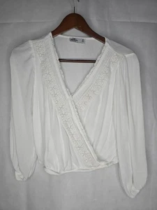 Hollister Crop Top White Faux Wrap Boho Peasant Blouse Crochet Lace Small - Picture 1 of 21