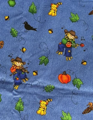 Halloween Fabric Blue Striped Scarecrow Cat Quilting Cotton MM Fabrics 2-1/2 yds - Image 1 of 4