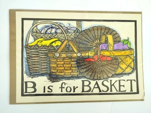 Mary Azarian B ist für Korb Alphabet Holzschnitt handfarbiger Druck Vintage 12,5" x 18" - Bild 1 von 4