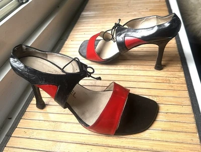 Chanel red black glossy patent leather op art geometric sandals/heels shoes.38 - Image 1 of 4