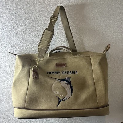 Bolso de Viaje Tommy Bahama Lona Bandolera Azul Marlin Logo Borde de Cuero Foto 1 de 4