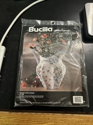 New Vintage 1993 Bucilla Plastic Canvas Kit Vintage Floral Pitcher 10" - Image 1 of 2
