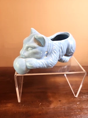 Vintage Mini Baby Blue 5" McCOY Pottery Cat with Ball Planter 1940s - Image 1 of 4