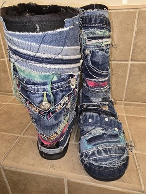 Botas Shearling Retrabalhadas Designer Patchwork Denim Personalizadas Tamanho 7 - Imagem 1 de 4