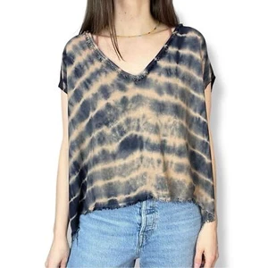 Ecoté Crop Top Women's Tie-Dye V-Neck Boho Blue Oversize Slouchy Raw Hem Small - Picture 1 of 9