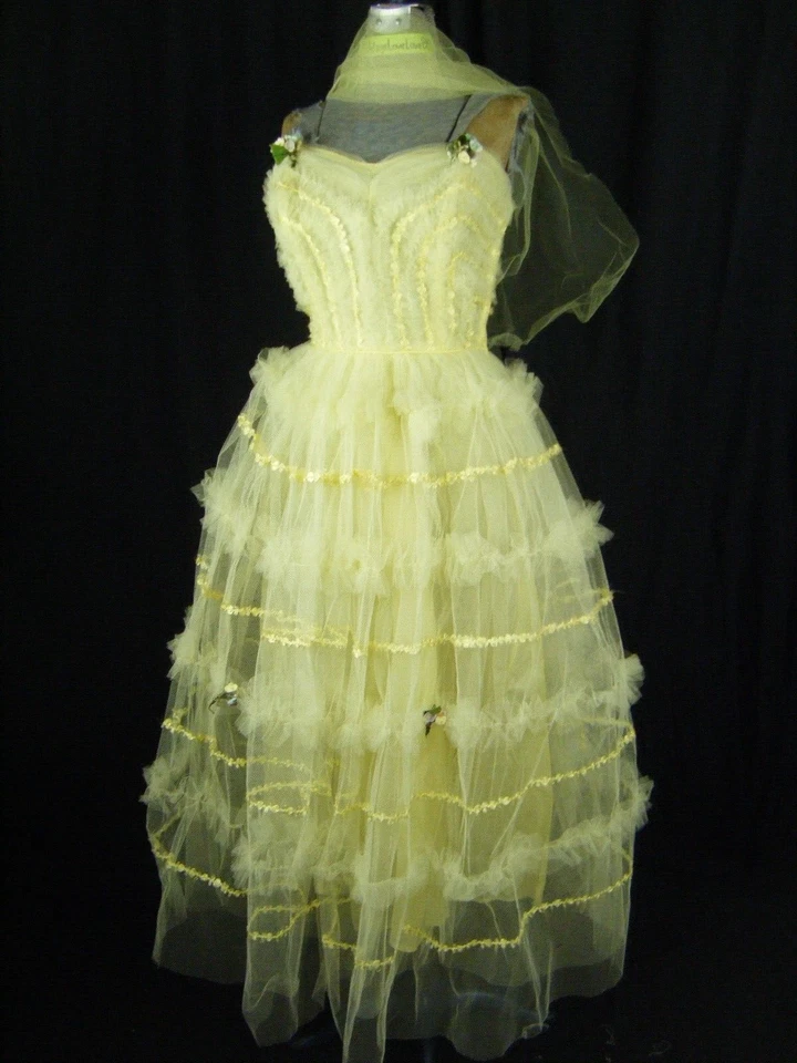 Vintage 50s Jaune Citron à Volants Dentelle sans Bretelle Fête Dress-Bust - Photo 1/4