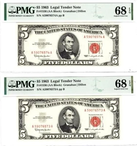 2 Consecutive Fr.1536 $5 1963 Legal Tender Note PMG SUPERB GEM UNC 68 EPQ - Picture 1 of 12