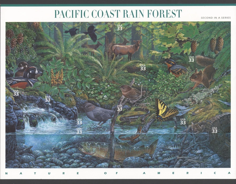 2000 US Scott #3378 PACIFIC COAST RAIN FOREST, PANE OF 10 MNH - Image 1 of 1