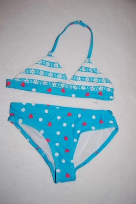 Girls Swimsuit 2 PC BIKINI SET Turquoise DOTS STRIPES FLOWERS Pink Hearts XS 4-5 - Image 1 of 2
