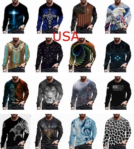 T Shirt Men Black Long Sleeve Graphic Print Streetwear Breathable Tee Trendy Top - Picture 1 of 29