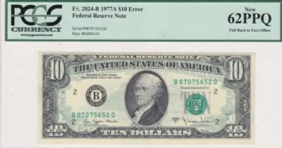 $10 ERROR Note FULL BACK TO FACE OFFSET 1977 A PCGS NEW 62 PPQ Fr 2024-B FRN - Image 1 of 2