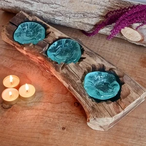 🔥🌿 Handmade Melted Glass Candle Holder – Recycled Glass on Gamal Wood 🌿🔥 - Picture 1 of 6