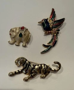 Vintage Brooch Lot 3 Pins Tiger Bird Of Paradise And Elephant  - Picture 1 of 9
