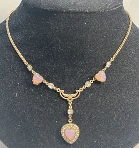 Vintage Glass Opalescent Hearts & Rhinestone Y Drop Necklace - Picture 1 of 5