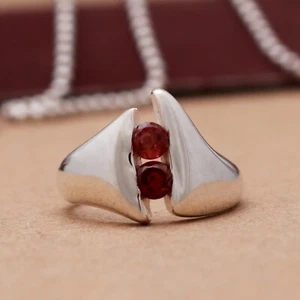 Gorgeous 925 Sterling Silver Double Stone Garnet Band Ring Unisex Gift Item - Picture 1 of 6