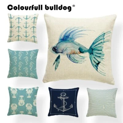 Coastal Cushion Cover Geometry Japan Fish Pillow Shabby Chic Farmhouse Decorator - Image 1 of 4