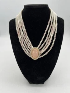 Vintage Halskette 6 Strang Kunstperlen und Rosenquarz - Bild 1 von 4