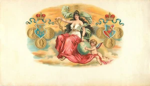 Zigarrenkiste Etikett geprägt Cherub hält Globus Münzen Frau - Bild 1 von 2