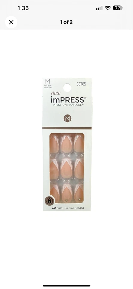 Kiss Impress Nails Press on Medium Shiny French With Gem Accents Coffin
