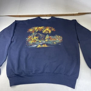 Farmhouse Sweat Shirt Blue Womens   XL  Hanes Activewear Fall Farm Scene - Picture 1 of 10