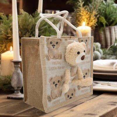 ACE DYNAMIC Limited Design Handcraft Burlap Tote Jute Zipper Bear Bears Doll Gift Bag 8X8X4