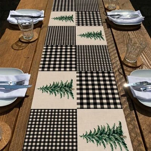 Black White Buffalo Plaid Check Table Runner Pine Tree Tabletop Scarf Home K - Picture 1 of 7