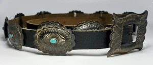 Native Navajo Sterling Silver & Turquoise 3rd Phase Leather Concho Belt Ca. 1910 - Picture 1 of 11