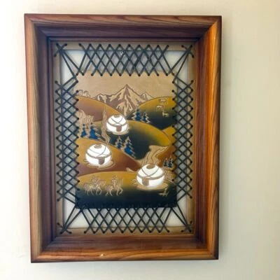 Leather Wall Art  Kyrgyzstan Framed Laced Edge Family Yurt Horse 10x13 Vntg - Image 1 of 4