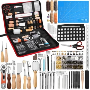 Leather Craft Tools, Leather Working Kit with Snaps and Rivets Kit Stamping T... - Foto 1 di 7