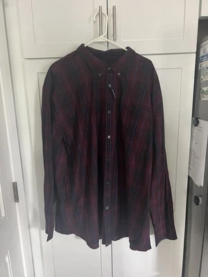 BASIC EDITIONS Easy Care Button Up Shirt Long Sleeve Burgundy PLAID Men's 4XL - Image 1 of 4