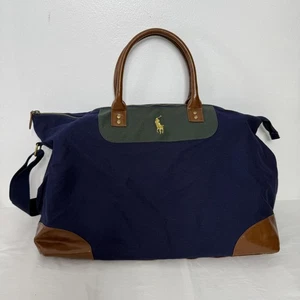 Polo Ralph Lauren Duffel Bag Canvas Leather Trim Travel Tote Large - Picture 1 of 8