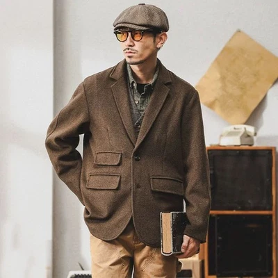 French Work Jacket Winter Warm Men's Wool Tweed Coat Vintage Casual Pockets Top - Image 1 of 4