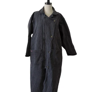 Vintage Hermans Denim Trench Coat Womens Jean Jacket 90s Made in USA Gray Large - Picture 1 of 14