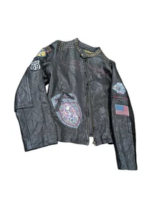 VTG Ed Hardy Moto Jacket Unisex Black Leather Mini Skirt Mob Studded 2 XL - Read - Picture 1 of 15