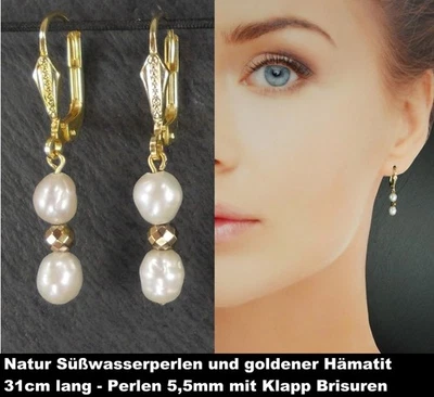 Ohrringe mit Brisur Süßwasserperle gold Hämatit,  Massiv 585 Gelb Gold 14K  (61 - Bild 1 von 4