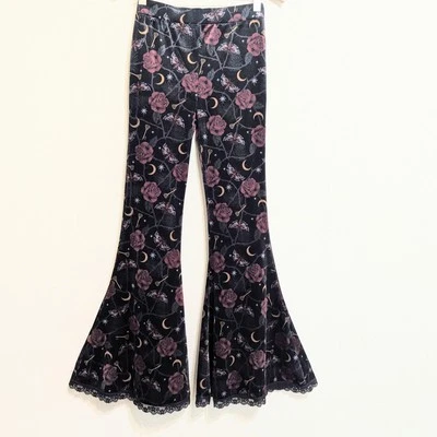 Killstar Ora Velvet Floral Moon Witchy Whimsigoth Goth Bell bottom Size Small - Image 1 of 4