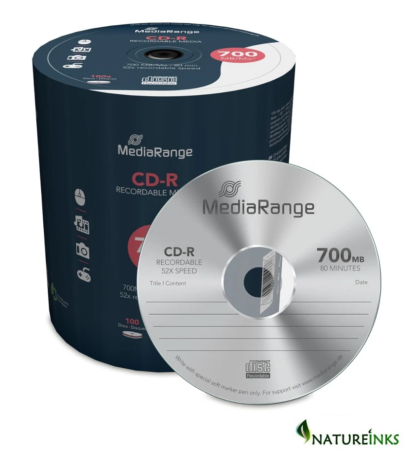 100 Mediarange Blank CD CD-R 52x 700MB 80min discs MR204 Hardcore tube - Image 1 of 1