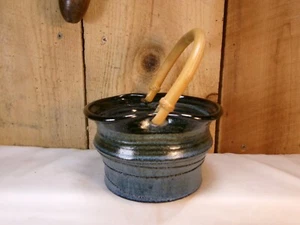 Vintage Stoneware Pottery Hand Crafted Basket with Bamboo Handle - Picture 1 of 6