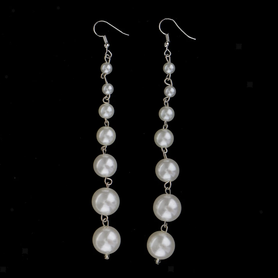 Elegante Frauen große lange Tropfen zarte baumeln weiße Perlen Kette Ohrringe - Bild 1 von 1