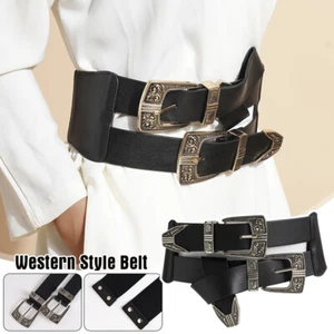 Double Buckle Vintage Carved Wide Elastic Button Adjustable Waistband Belts NEW - Picture 1 of 12