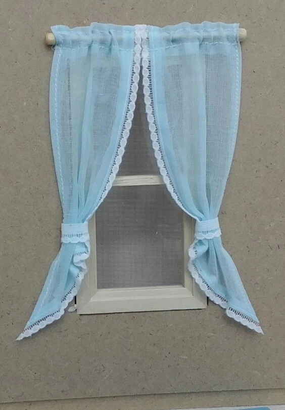 Dollhouse Miniature Window Curtains Blue Cotton Lace Edge Demi Swag 1 12 Scale