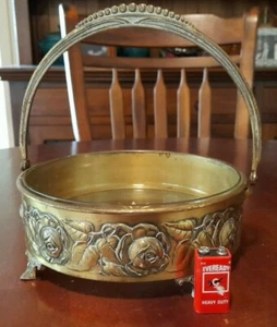 BRASS & GLASS FRUIT BOWL EMBOSSED ROSES with HANDLE VINTAGE - Picture 1 of 8