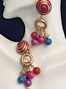 Trendy Dangle Drop Earrings Abstract Swirl w Multicolor Beads Clip-on 2' Flirty - Picture 1 of 4