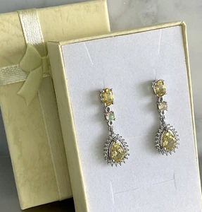 Brazilian Sunfire Beryl, Welo Opal & Zircon Dangle Earrings 925 Sterling Silver - Picture 1 of 13