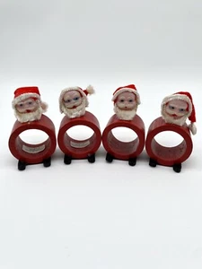 4 Rare VTG Wooden Santa Claus Napkin Rings Holders Celluloid Chenille Felt MCM - Picture 1 of 8