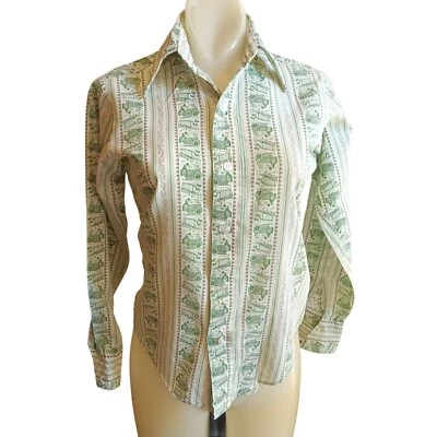 XS Camisa Vintage Años 70 Top Estampado Casa de Campo Mr. Wrangler Verde Abotonada EE. UU. Foto 1 de 4