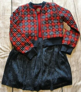 Girl's 2-Pc Dress Set Red Blue Plaid Dress Bomber Jacket Holiday Casual Dress - Picture 1 of 6