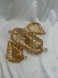JEANETTE Iridescent Marigold Carnival Glass Leaf Trinket Nut Candy Dish Set of 3 - Picture 1 of 10
