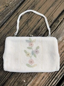 Delill Cream Ivory Pink Floral Beaded Purse Evening Bag Clutch Vtg 50s 60s Japan - Picture 1 of 10